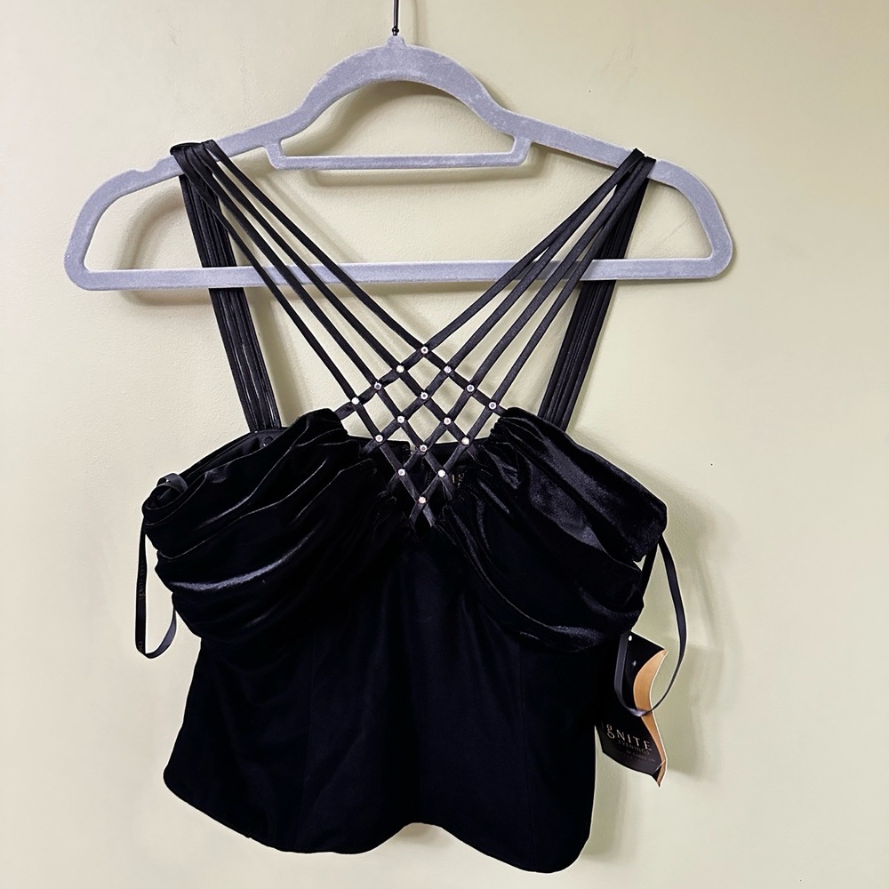 NWT Ignite Evenings‎ Sz M Bodice Top Black Velvet Lattice Straps Rhinestones